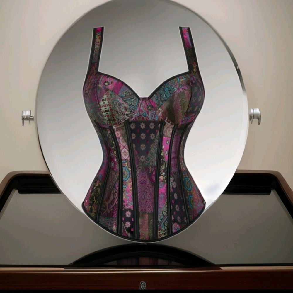 NWT Patchwork Multicolor Floral Jacquard Lace Up Corset SZ L - Picture 11 of 15